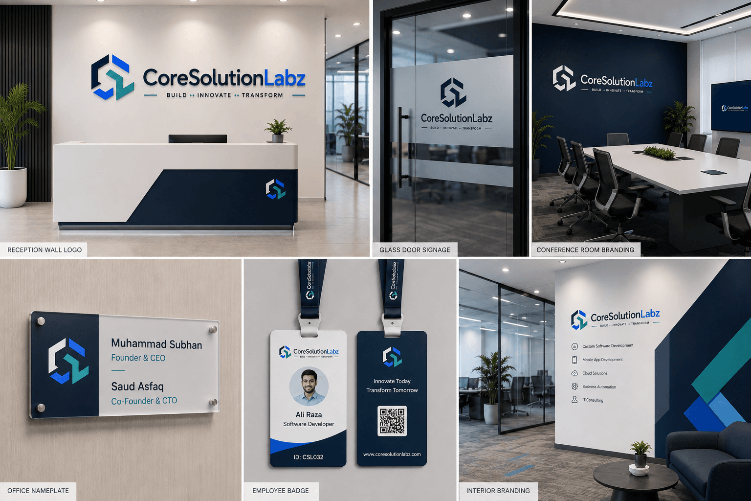 CoreSolutionLabz brand identity applied across office spaces, signage, and internal branding