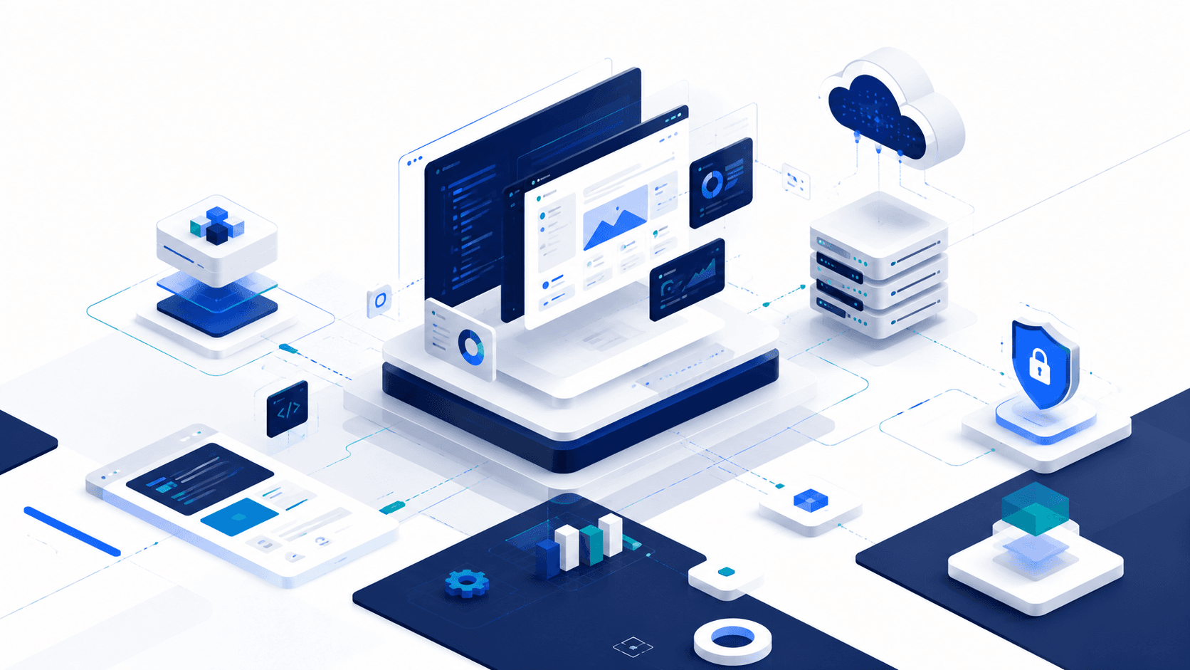 Isometric illustration of CoreSolutionLabz product and infrastructure stack